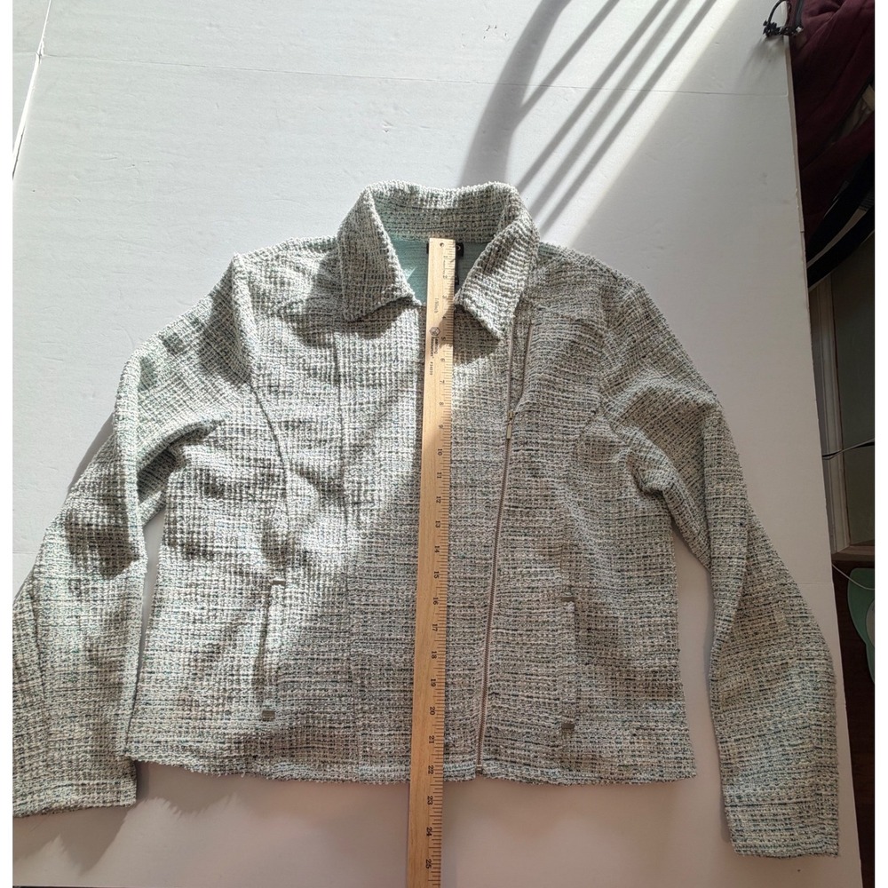 SOHO Apparel Ltd Womens Mint Green Tweed Moto Jacket Asymmetric Zip L - Picture 3 of 5